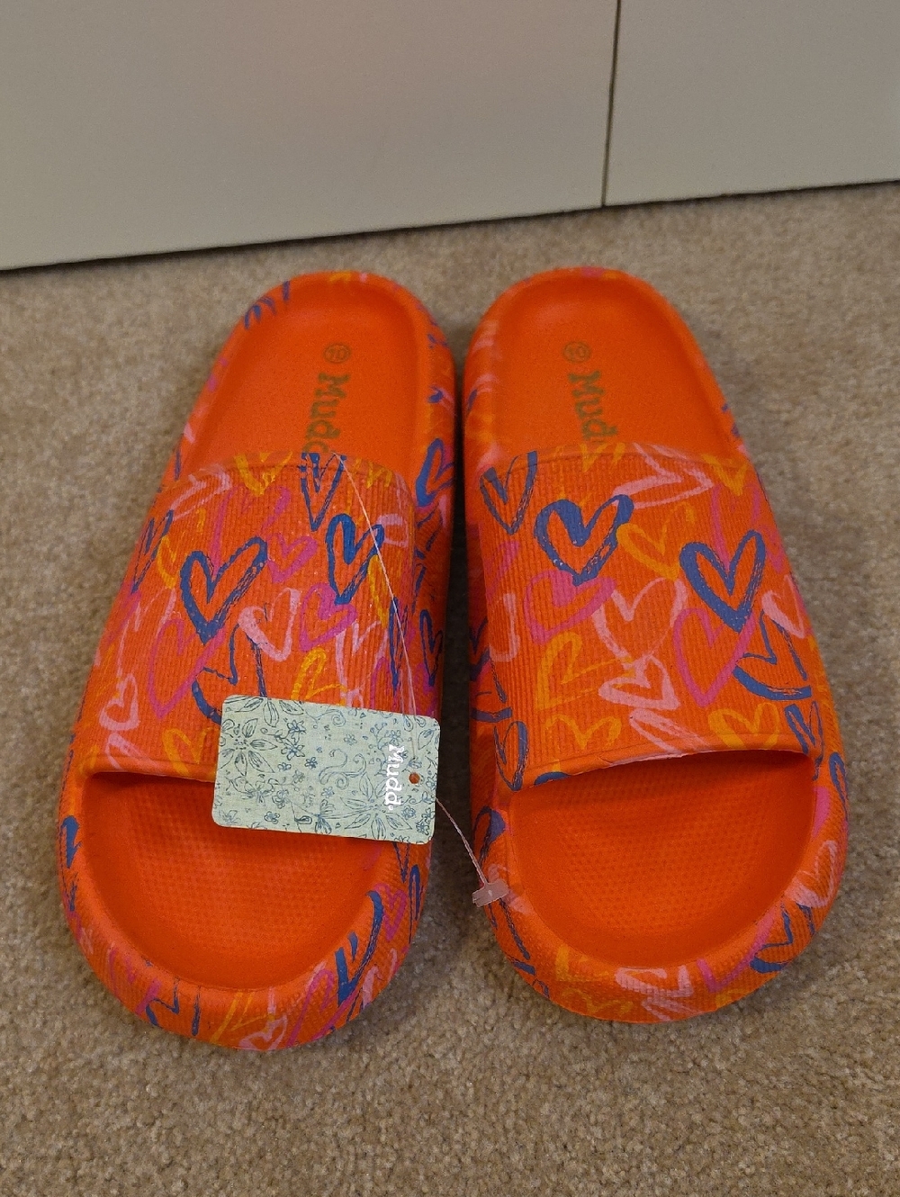 Mudd Orange Slide Sandals with Multicolor Heart Accents